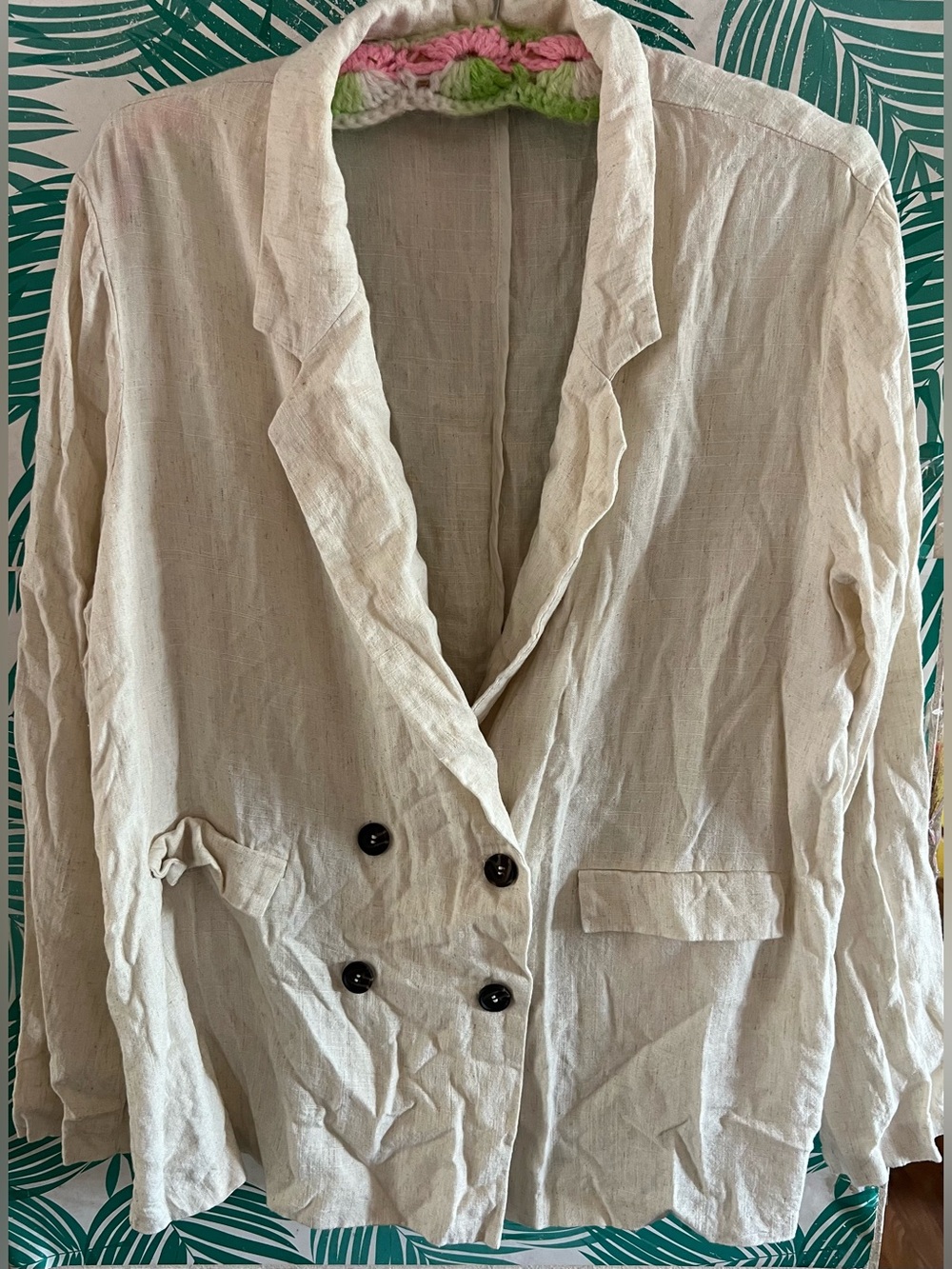Sugar Lipz Linen-Blend Double-Breasted Blazer Jacket Cream Sz XL
